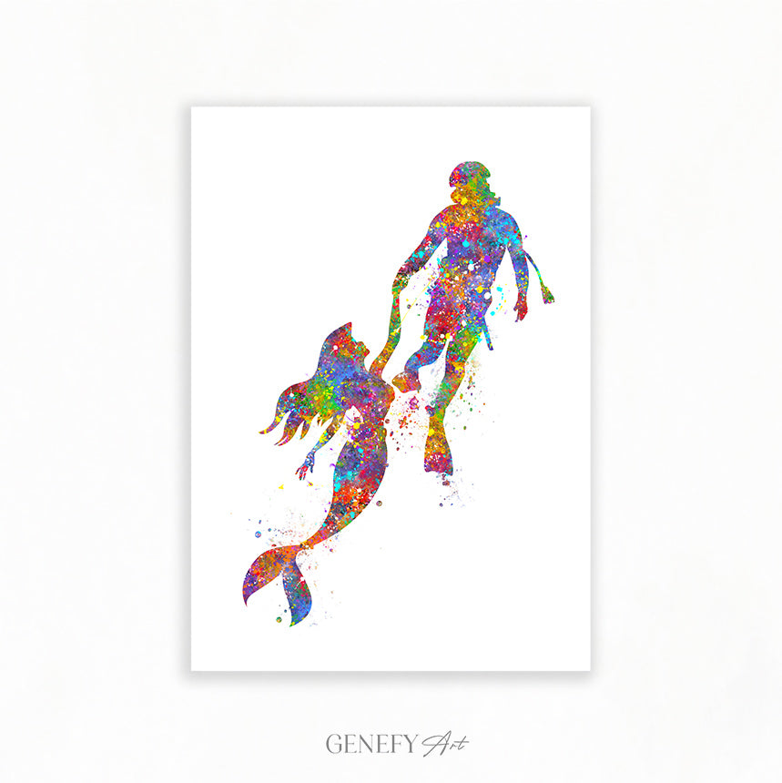 Scuba Diver and Mermaid Watercolour Art Print