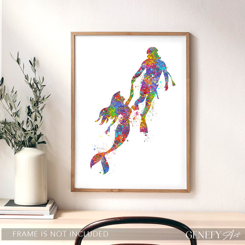 Scuba Diver and Mermaid Watercolour Art Print
