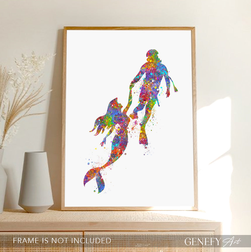 Scuba Diver and Mermaid Watercolour Art Print