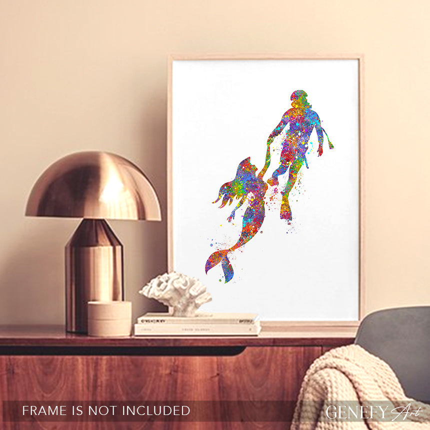 Scuba Diver and Mermaid Watercolour Art Print