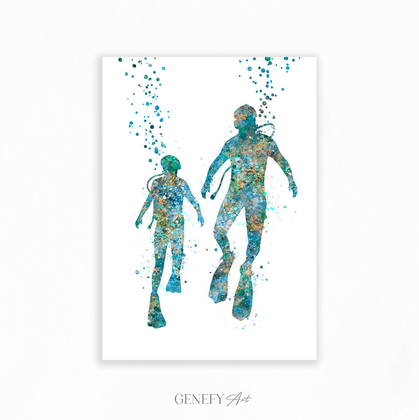 Father and Son Scuba Diving Art Print