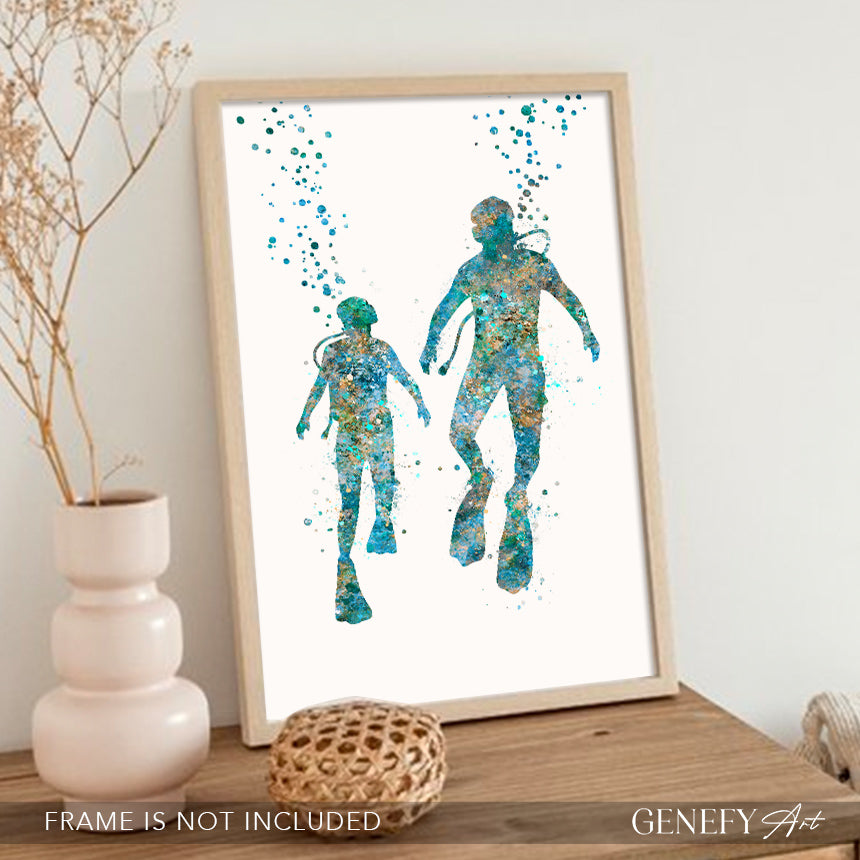Father and Son Scuba Diving Art Print