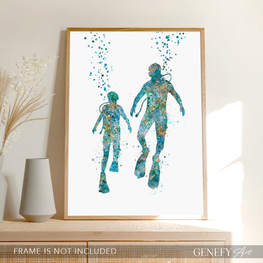 Father and Son Scuba Diving Art Print