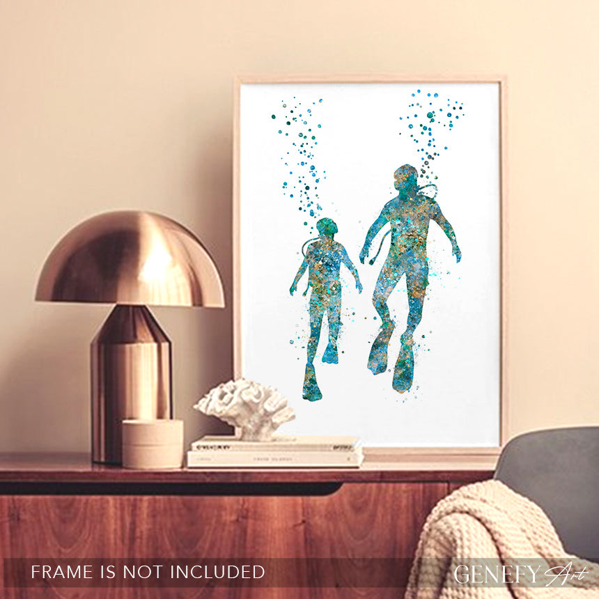 Father and Son Scuba Diving Art Print