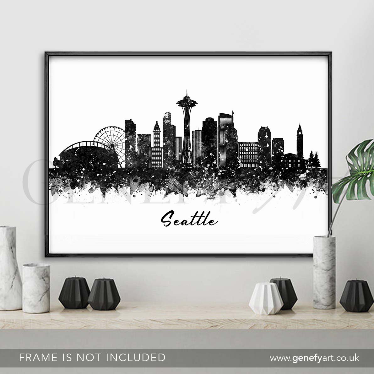 Seattle Skyline Black and White Watercolour Print - Genefy Art