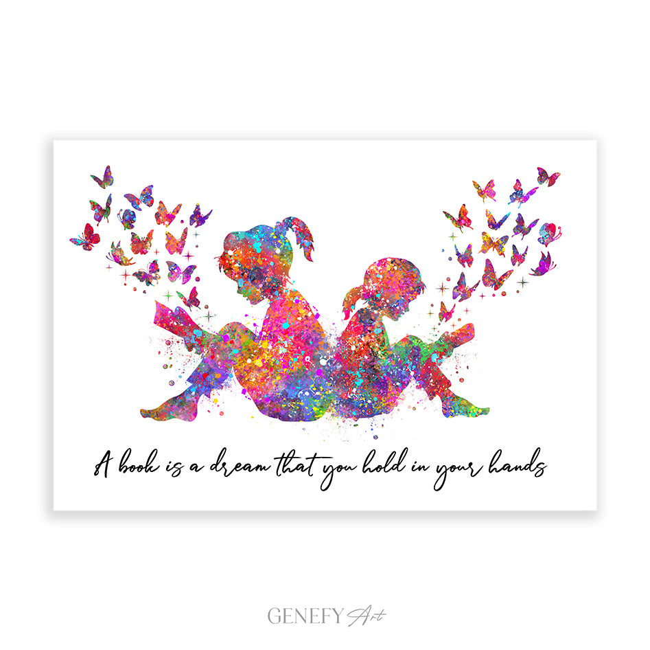 Sisters Reading Book Watercolour Art Print