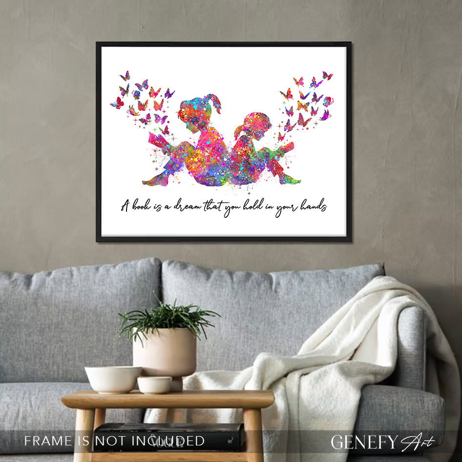 Sisters Reading Book Watercolour Art Print