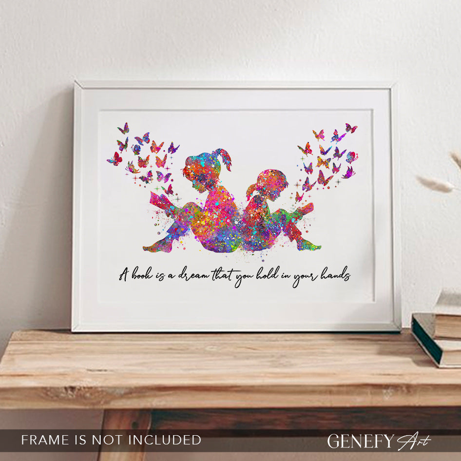Sisters Reading Book Watercolour Art Print