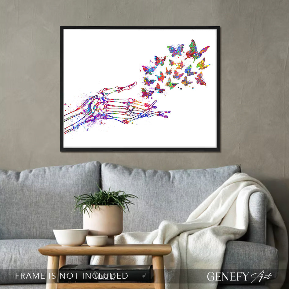 Skeleton Hand Releasing Butterflies Art Print