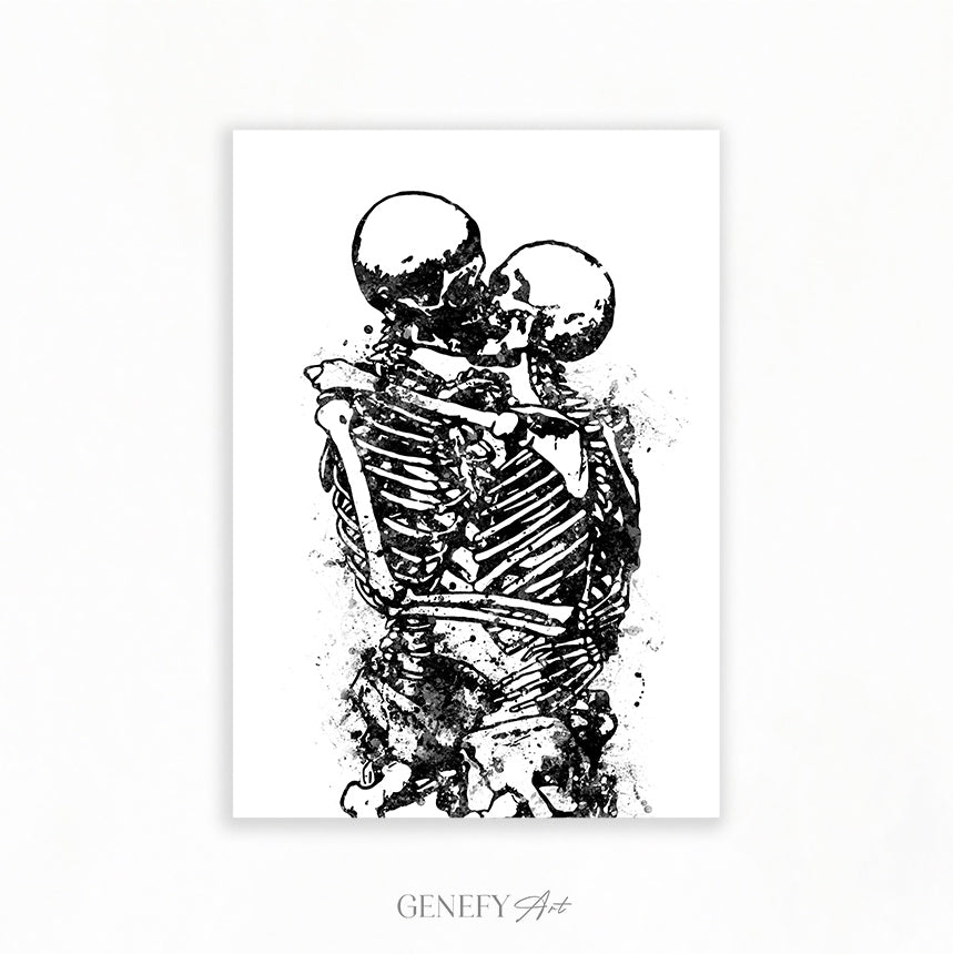 Skeleton Kissing Black and White Watercolour Art Print