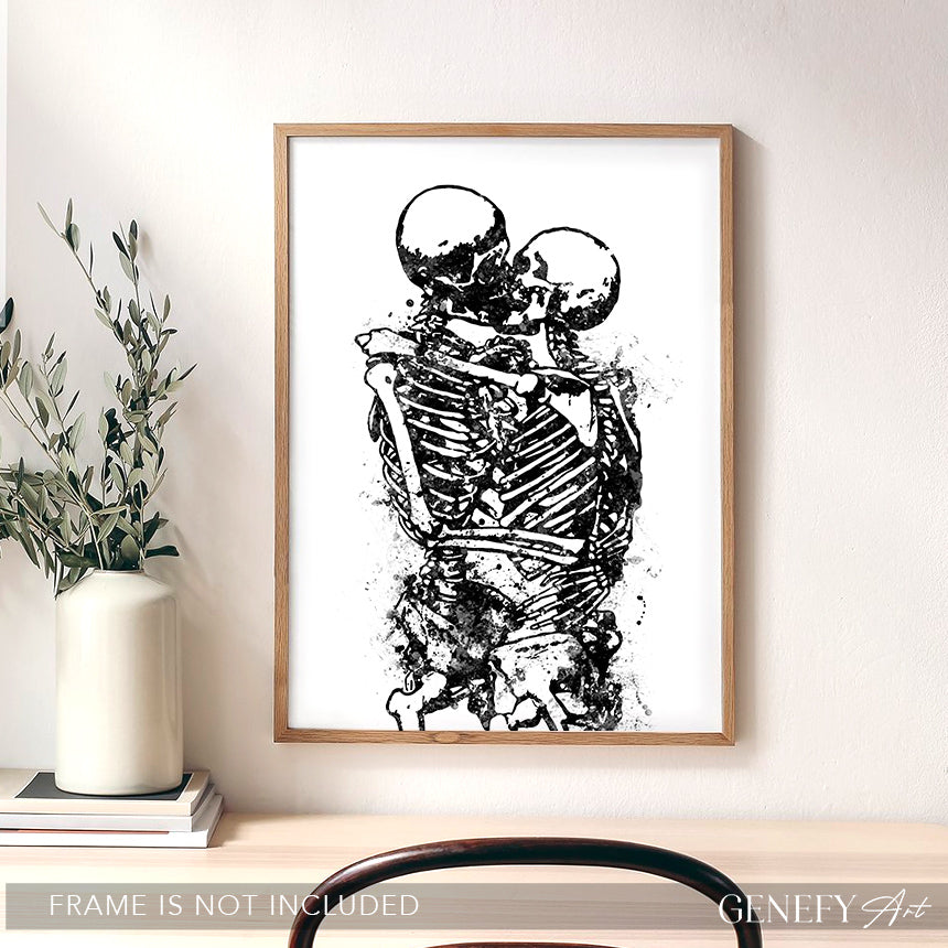Skeleton Kissing Black and White Watercolour Art Print