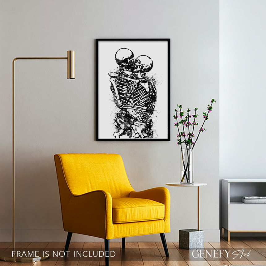 Skeleton Kissing Black and White Watercolour Art Print