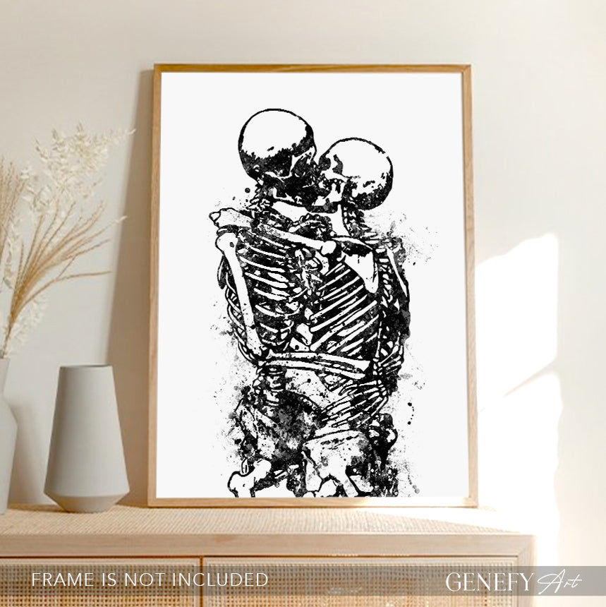 Skeleton Kissing Black and White Watercolour Art Print