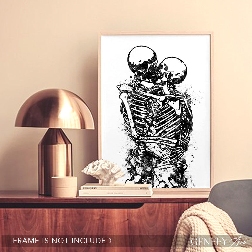 Skeleton Kissing Black and White Watercolour Art Print