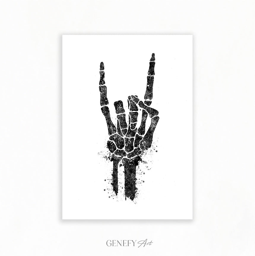 Skeleton Rock On Hand Black and White Print