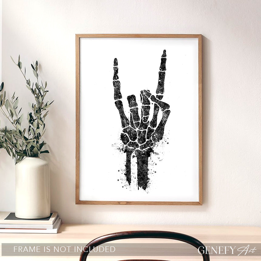 Skeleton Rock On Hand Black and White Print