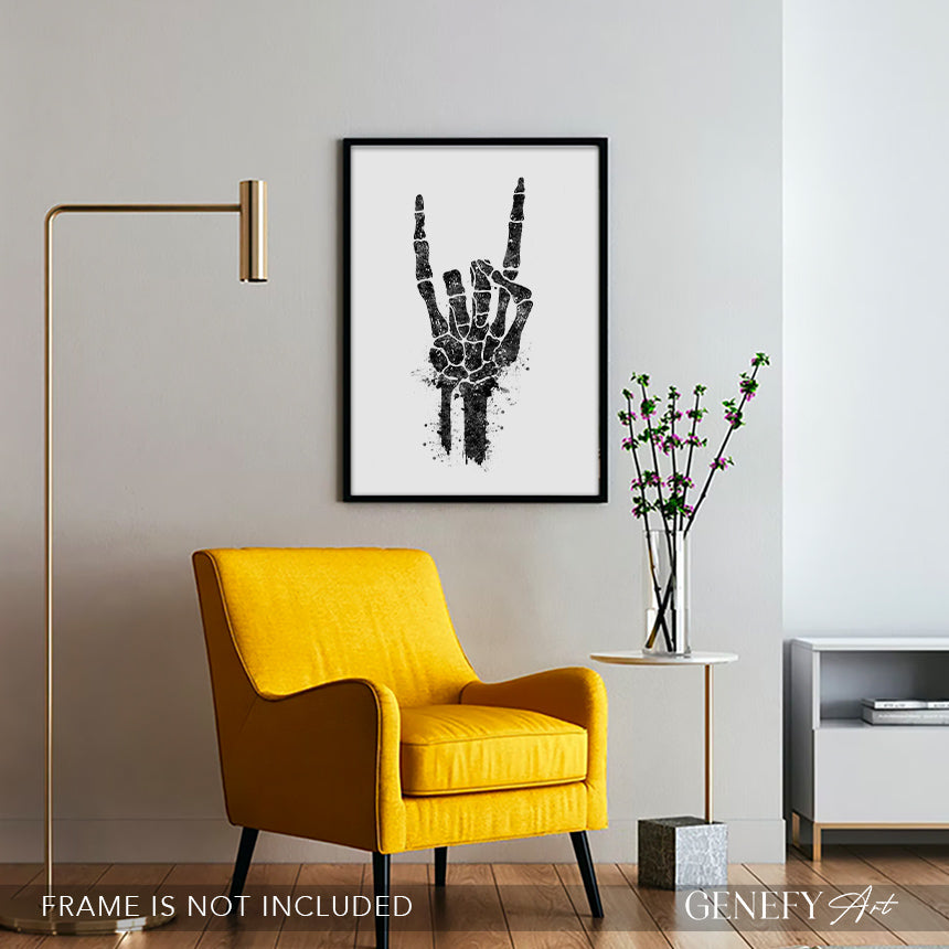 Skeleton Rock On Hand Black and White Print