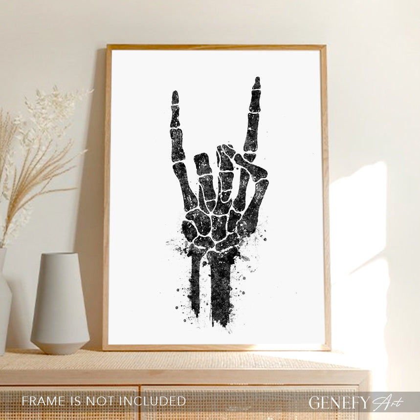 Skeleton Rock On Hand Black and White Print