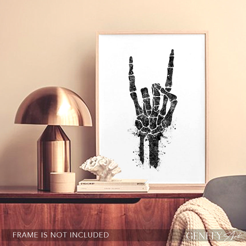 Skeleton Rock On Hand Black and White Print