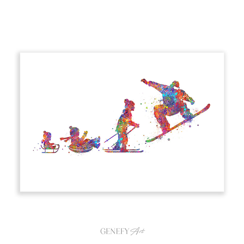 Snowboarder Evolution Watercolour Art Print
