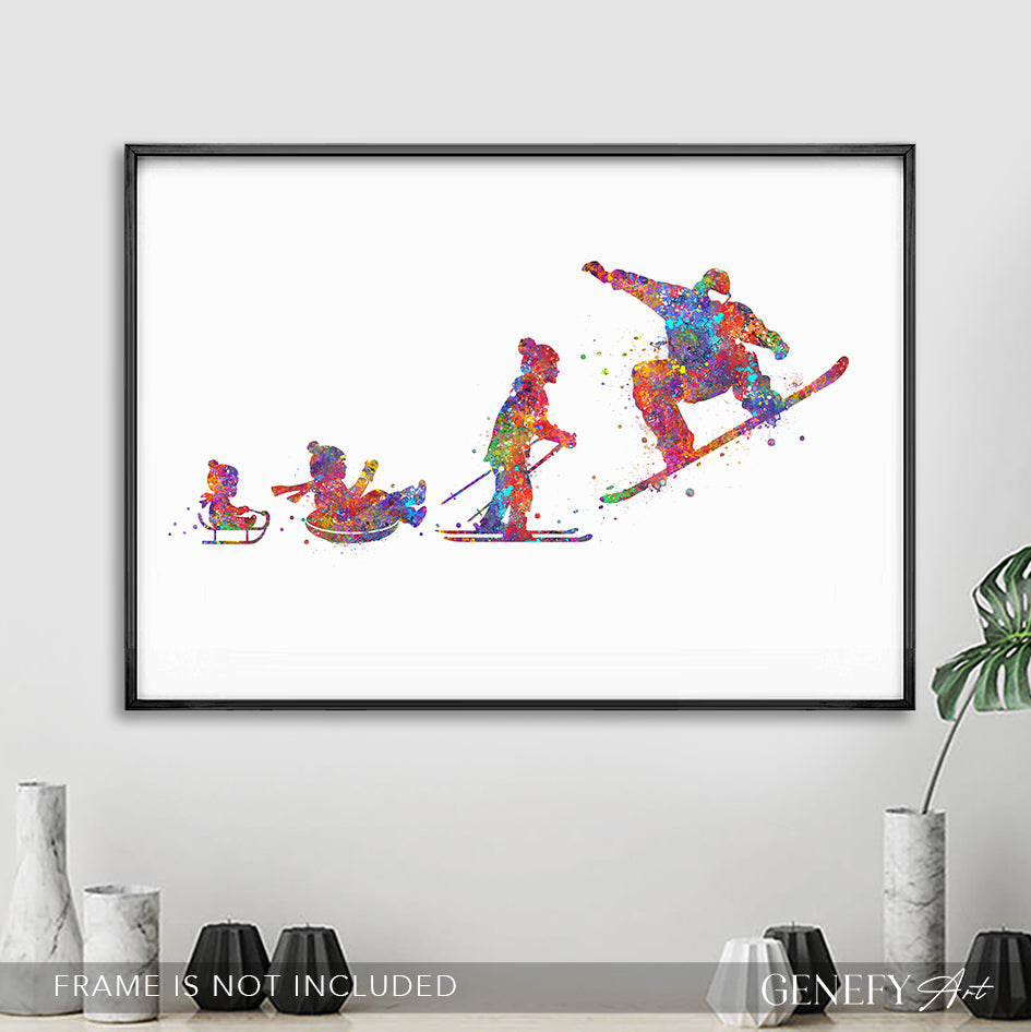 Snowboarder Evolution Watercolour Art Print