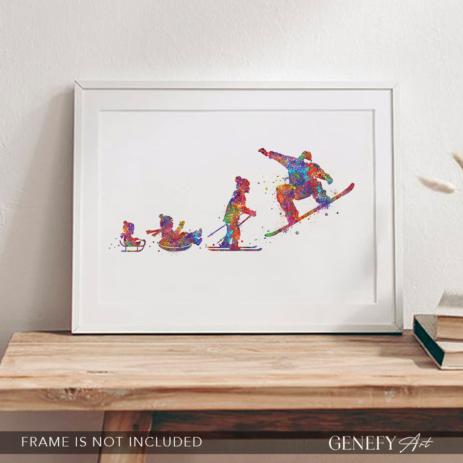 Snowboarder Evolution Watercolour Art Print
