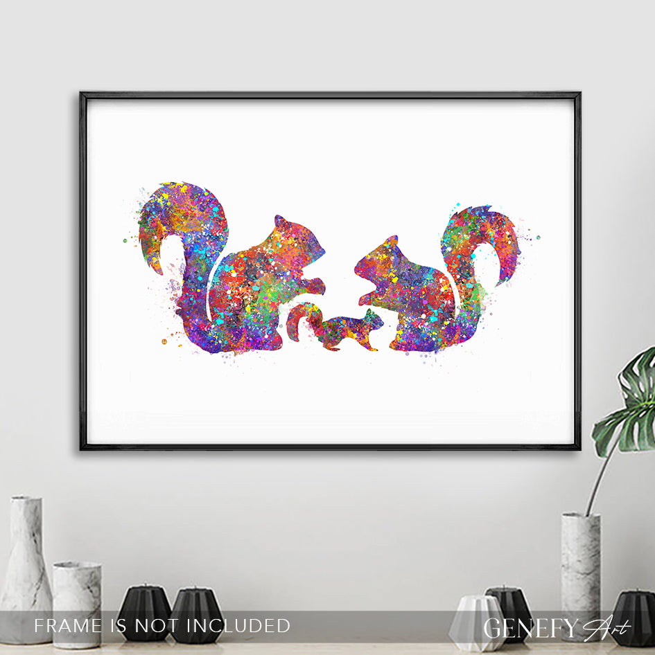 Squirrel Family Of 3 Watercolour Art Print