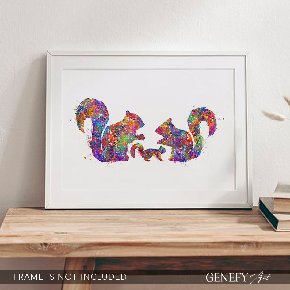 Squirrel Family Of 3 Watercolour Art Print