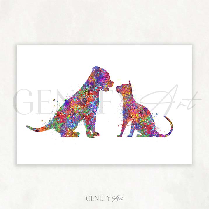 Staffordshire Bull Terrier and Cat Watercolour Print