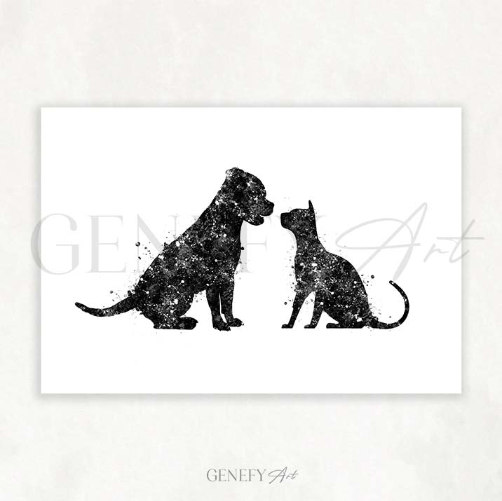 Staffordshire Bull Terrier and Cat Watercolour Print
