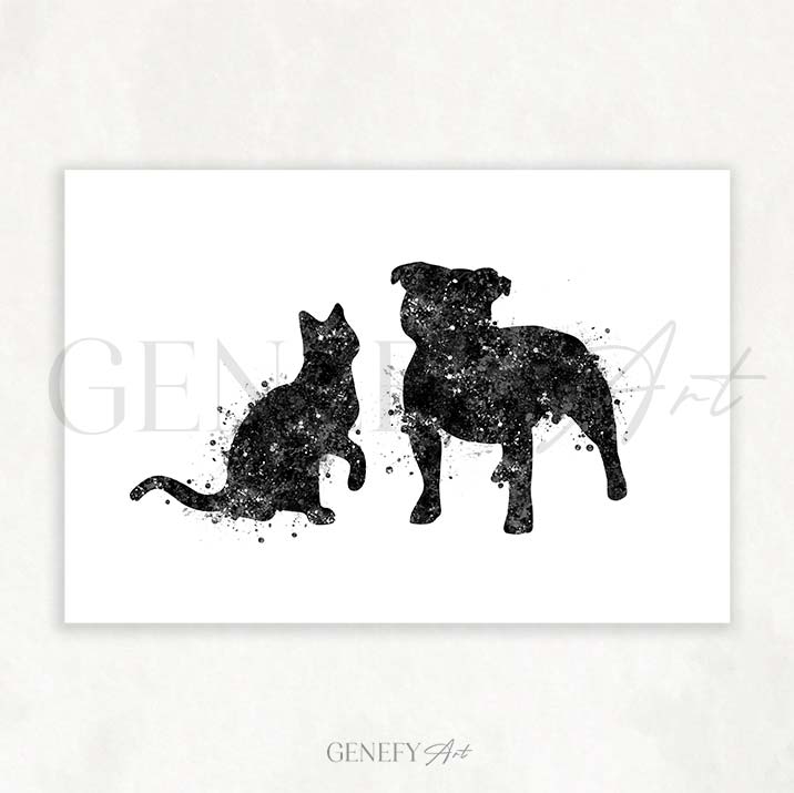 Staffordshire Bull Terrier and Cat Watercolour Print