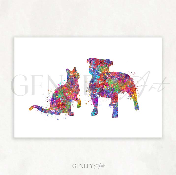 Staffordshire Bull Terrier and Cat Watercolour Print