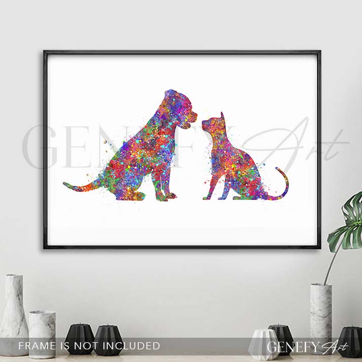 Staffordshire Bull Terrier and Cat Watercolour Print