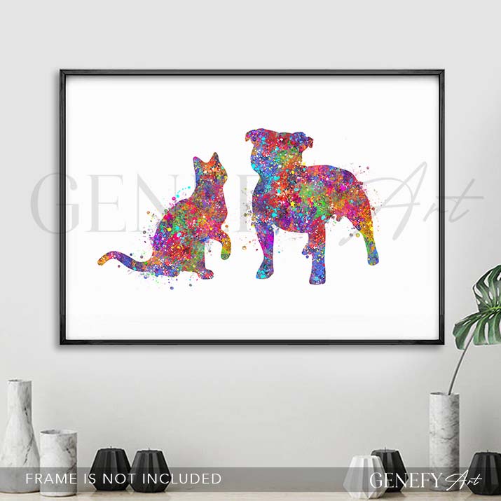 Staffordshire Bull Terrier and Cat Watercolour Print
