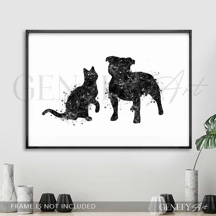 Staffordshire Bull Terrier and Cat Watercolour Print