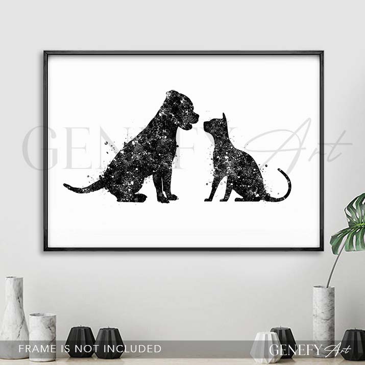 Staffordshire Bull Terrier and Cat Watercolour Print