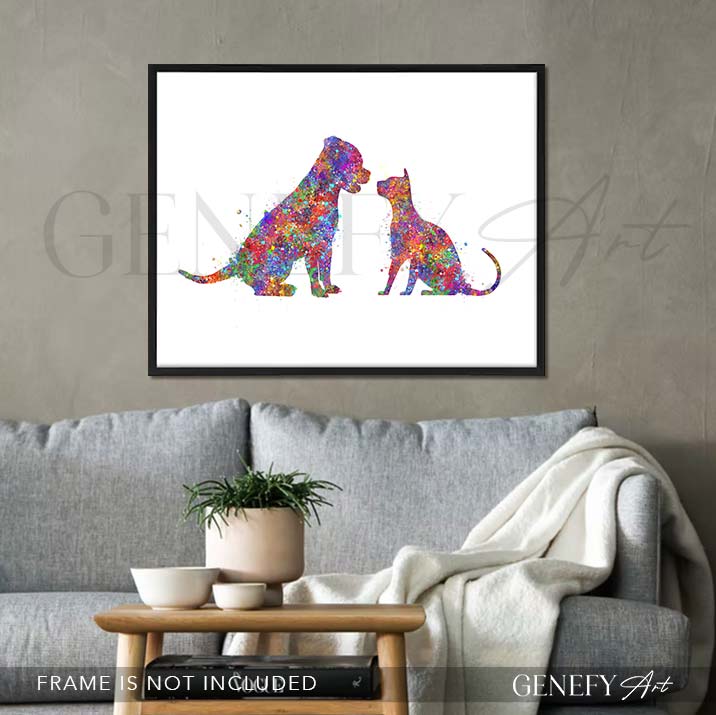 Staffordshire Bull Terrier and Cat Watercolour Print