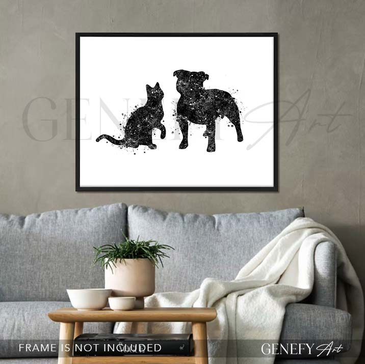 Staffordshire Bull Terrier and Cat Watercolour Print