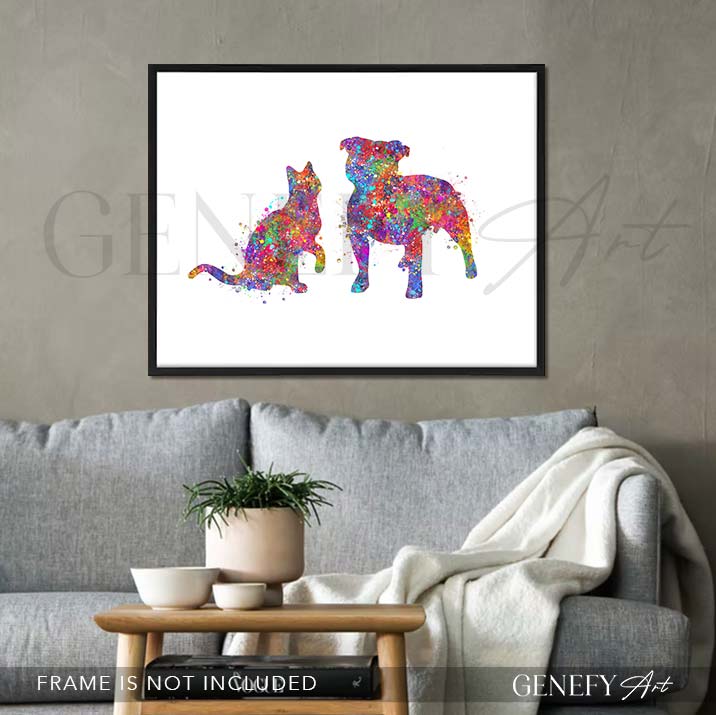 Staffordshire Bull Terrier and Cat Watercolour Print