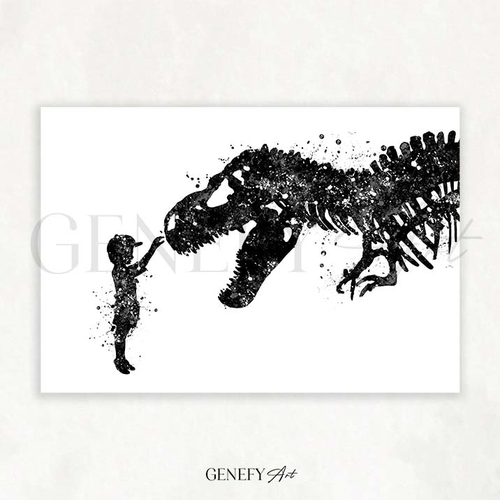Dinosaur T-Rex and Boy Black and White Watercolour Print