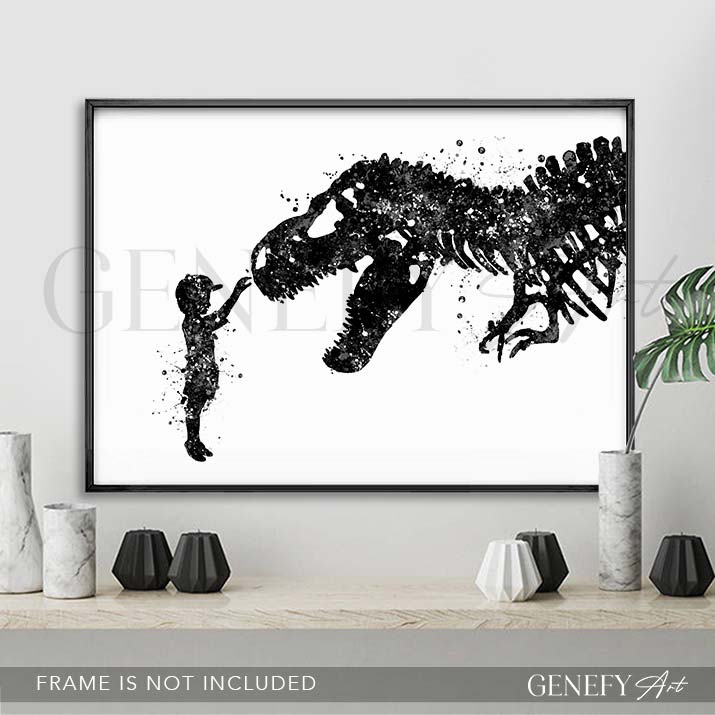 Dinosaur T-Rex and Boy Black and White Watercolour Print