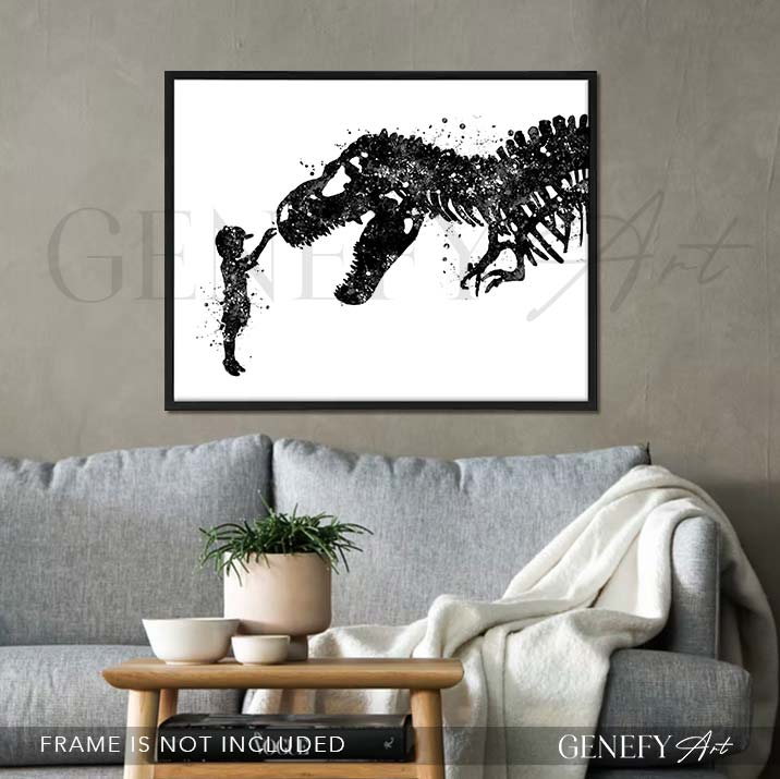 Dinosaur T-Rex and Boy Black and White Watercolour Print