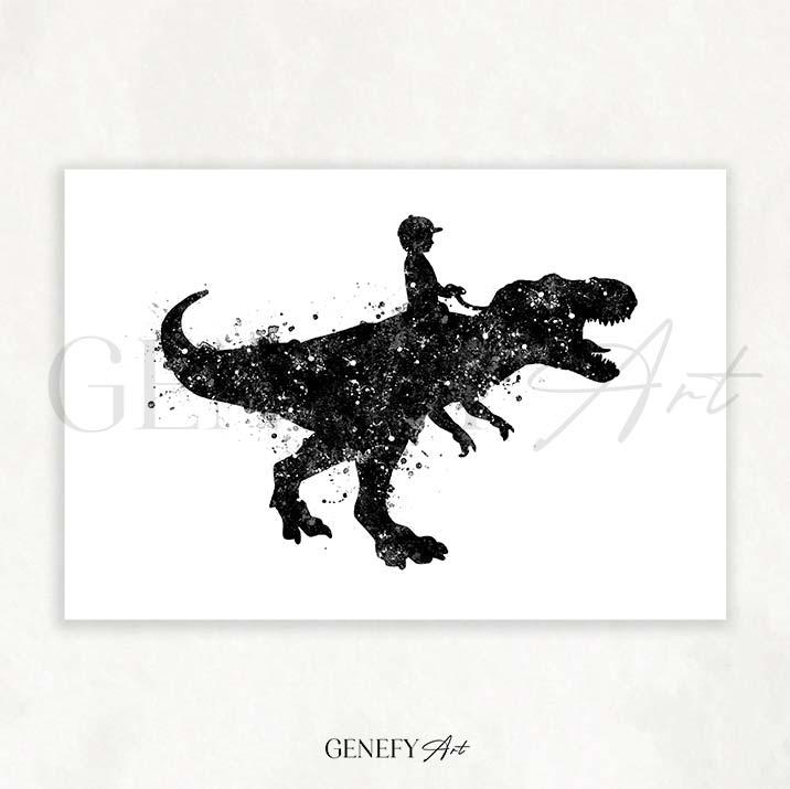 Boy Riding Tyrannosaurus T-Rex Black and White Watercolour Print - Genefy Art