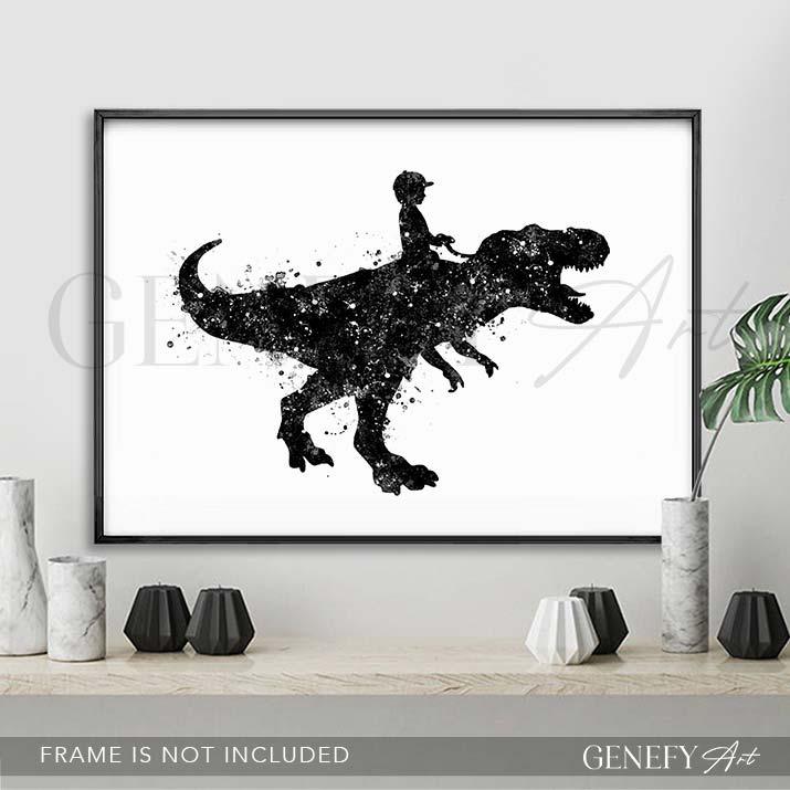 Boy Riding Tyrannosaurus T-Rex Black and White Watercolour Print - Genefy Art