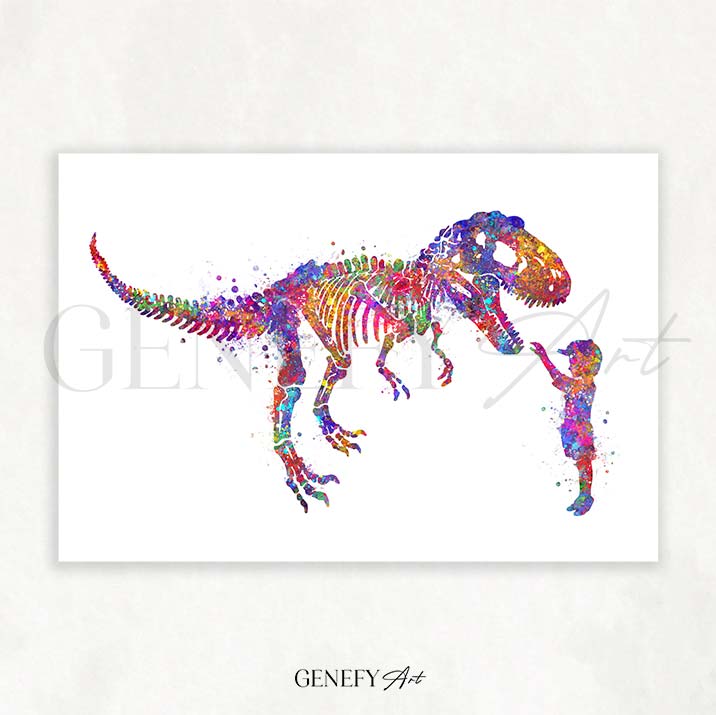 Dinosaur Tyrannosaurus Rex Skeleton and Boy Watercolour Print