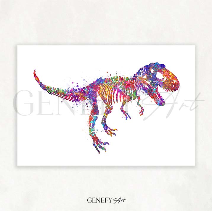 Dinosaur Tyrannosaurus T-Rex Skeleton Watercolour Print