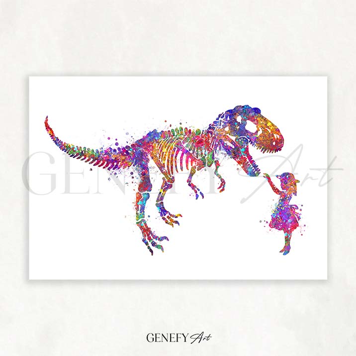 Dinosaur Tyrannosaurus Rex Skeleton and Girl Watercolour Print