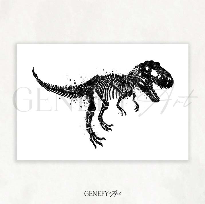 Dinosaur T-Rex Skeleton Black and White Watercolour Print