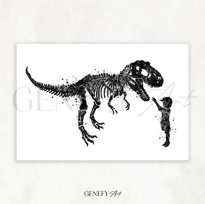 Dinosaur T-Rex and Boy Black and White Watercolour Print