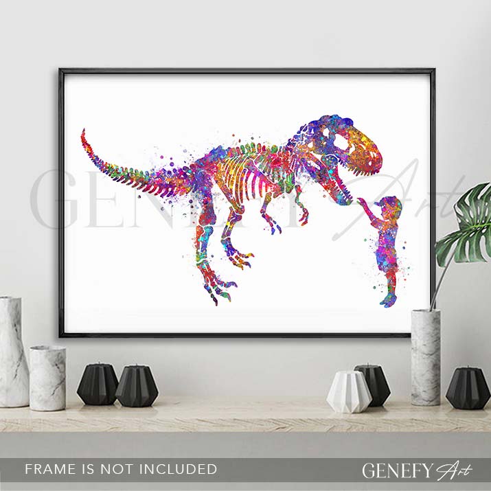 Dinosaur Tyrannosaurus Rex Skeleton and Boy Watercolour Print
